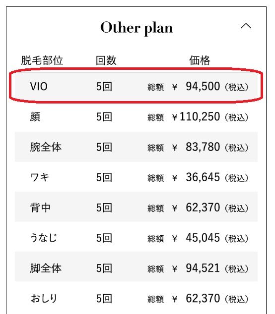 VIOプランの料金（レジーナ公式サイトから抜粋）